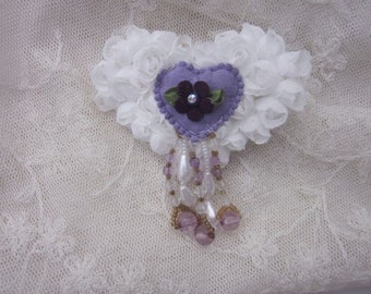 Valentine Heart PIN White Lavender Beaded Ribbon Fabric Flower Applique Rose Bud Pearl Drop Fringe #6