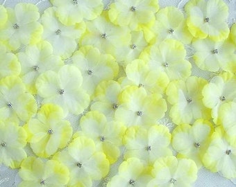 18 Pc LEMON YELLOW Hydrangea Flower Petal Rhinestone VINTAGE Applique Baby Bow Bridal Junk Journal Scrapbook Pageant Dress Hat Embellishment