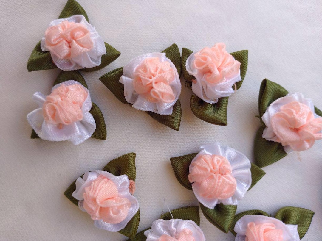 12 Pc Peach White Satin Ribbon Rose Flower Green Leaves Scrapbook Card ...