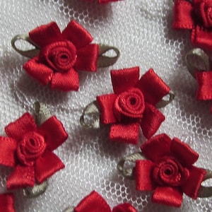 12 pc Valentine RED Satin Ribbon Fabric Flower Rose Bud Applique Shabby Chic Doll Baby Bow