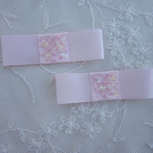 2pc Pink Satin Fabric Ribbon Bow Applique Beaded w Sequins Glass Bead Baby Doll Bridal Corsage