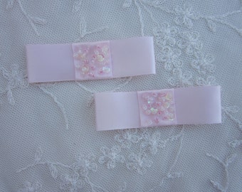 2pc Pink Satin Fabric Ribbon Bow Applique Beaded w Sequins Glass Bead Baby Doll Bridal Corsage