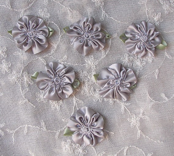 6pc Glass Beaded Silver Gray Satin Fabric Fabric Flower | Etsy