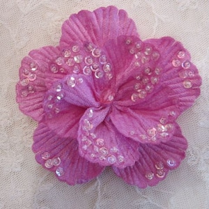 4 inch Wisteria Pink Handmade Velvet beaded w sequins and glass beads Poppy Beaded Flower Corsage