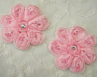 2 pc 3 inch Ribbon Rose Baby Pink Flower Sewing Bridal Applique Floral Beaded w Pearl Stone