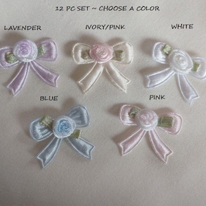 12pc Ivory Pink Blue White Lavender Rose Flower Satin Ribbon Fabric Applique Baby Doll Bow Scrapbook Junk Journal Stationery Embellishment