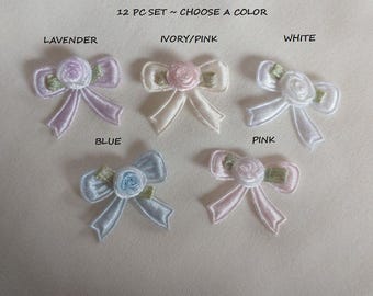 12pc Ivory Pink Blue White Lavender Rose Flower Satin Ribbon Fabric Applique Baby Doll Bow Scrapbook Junk Journal Stationery Embellishment
