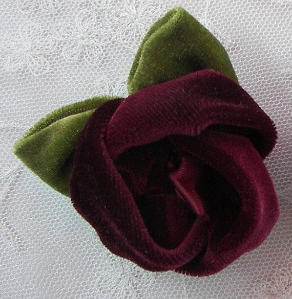 2 Pc Burgundy Velvet Ribbon Rose Fabric Flower Floral Applique Garden Hat  Bow Corsage Pageant Bridal Clothing Dress Accessory Embellishment 