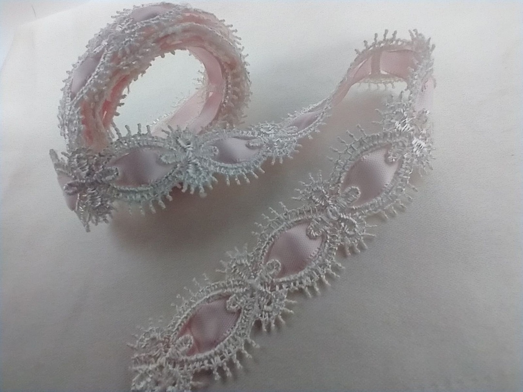 Ivory PINK Embroidered Lace Trim Satin Insert Ribbon Bridal Pageant ...
