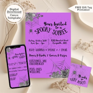 Spooky Spider Soiree Halloween Party Invitation Canva Template, Print/Digital Bundle, Purple Black Glitter, Web Chic Goth Elegant Creepy