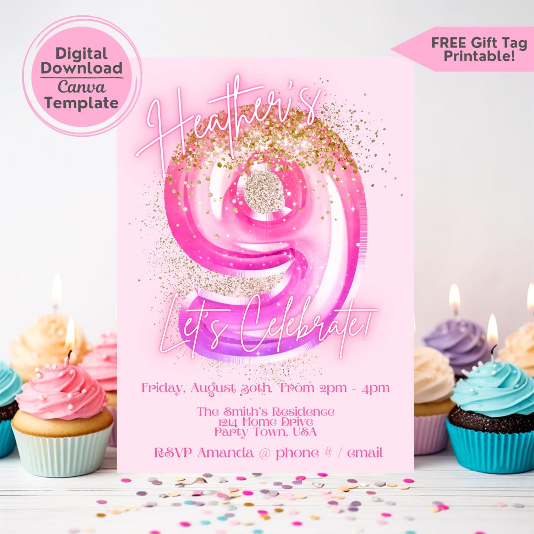 Invitation Numbers Editable Pink Princess Number Balloon Girls 9th Birthday Party ...