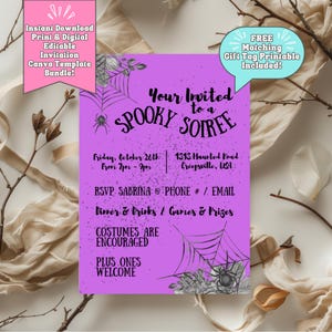 Spooky Spider Soiree Halloween Party Invitation Canva Template, Print/Digital Bundle, Purple Black Glitter, Web Chic Goth Elegant Creepy