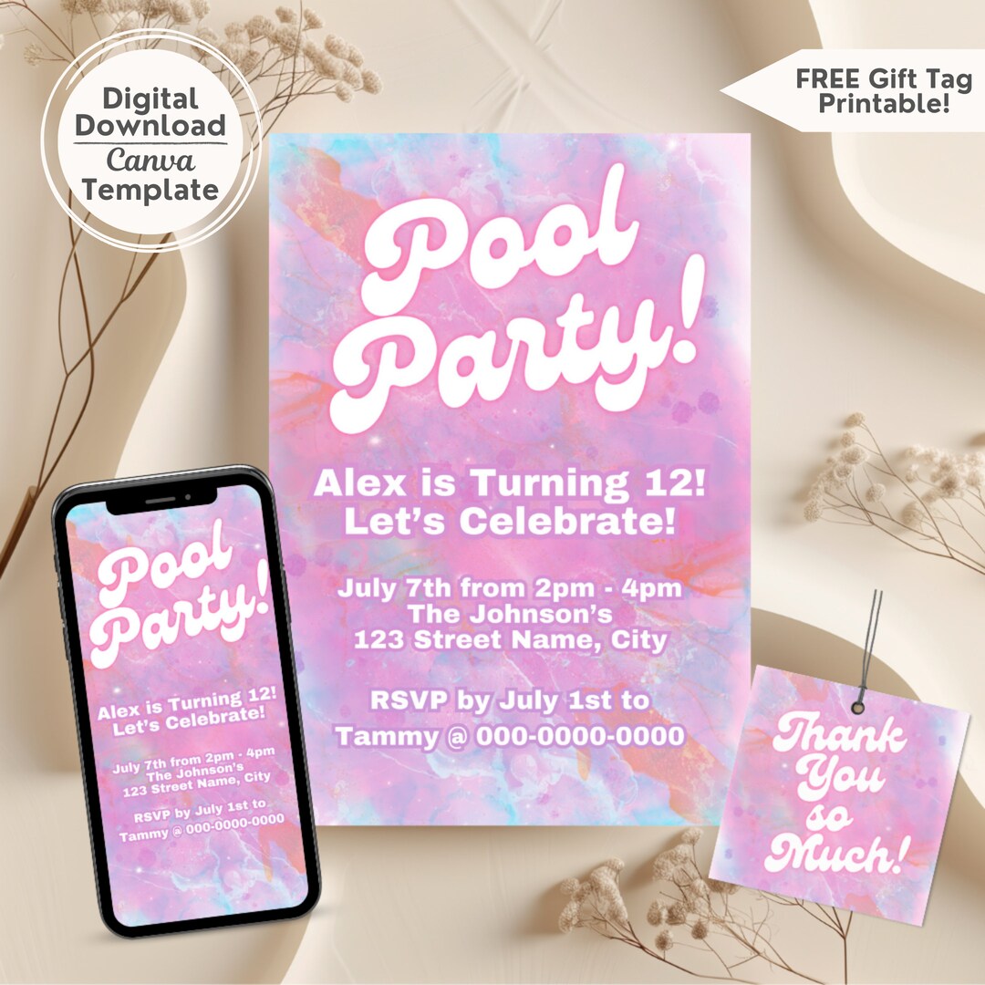 Editable Pink Pool Party Birthday Invitation Canva Template Print ...
