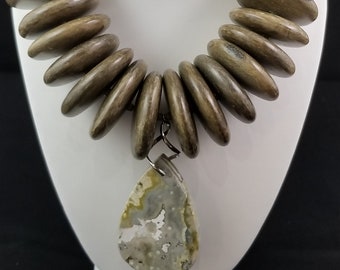 Statement Philippine Wood and Stone Drop Necklace is Greenish Color