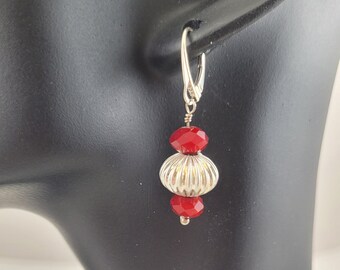 Elegant Sterling Leverback with Faceted Red Velvet Crystals and Silver Corrugated Bead