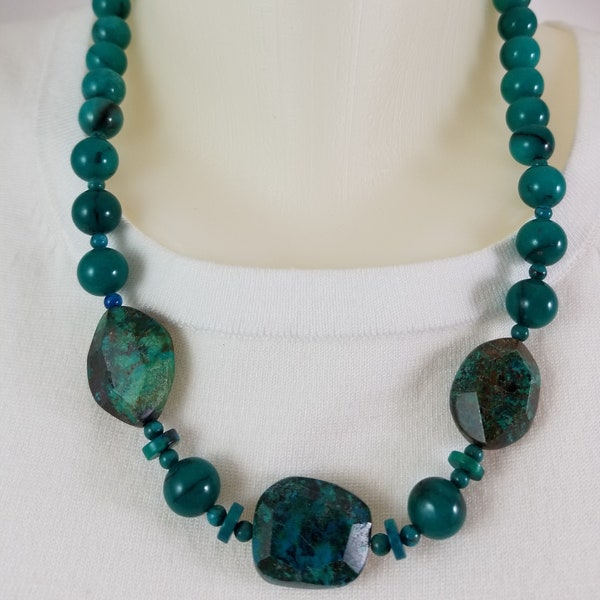 Deep Teal Colored Jade with Chrysocolla Medallions, Sterling Silver Toggle