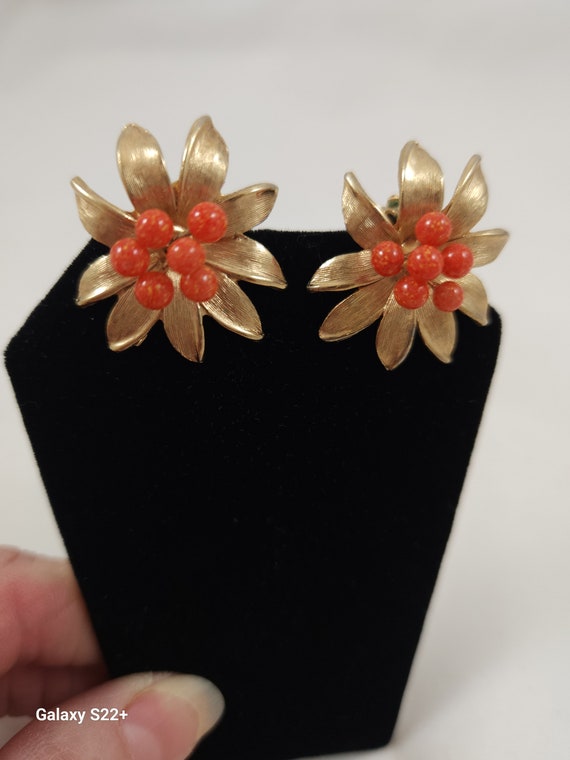 Kramer Red Coral and Gold Flower Clip Earrings, V… - image 3