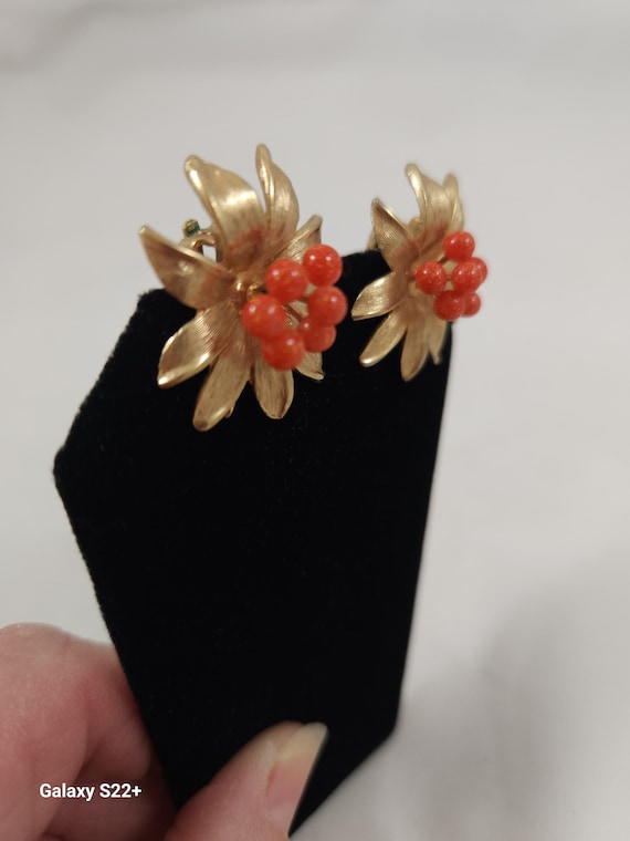 Kramer Red Coral and Gold Flower Clip Earrings, V… - image 2