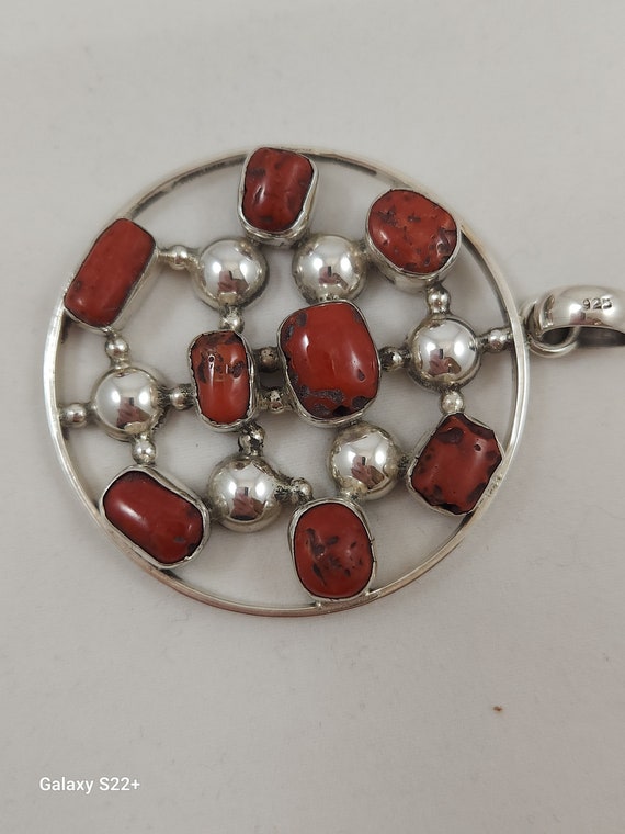 Very Large Round Sterling Silver and Red Jasper F… - image 3
