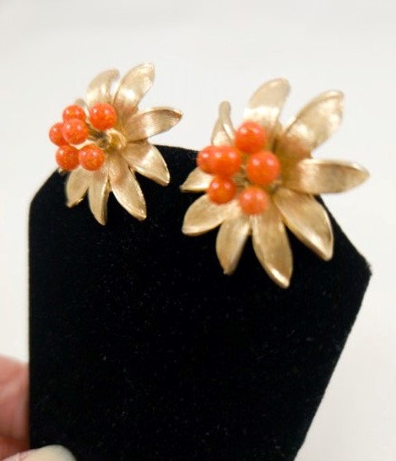 Kramer Red Coral and Gold Flower Clip Earrings, V… - image 1