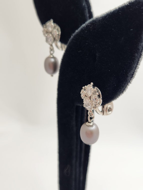 Elegant Monet Rhinestone and Silver Pearl Clip Ea… - image 2