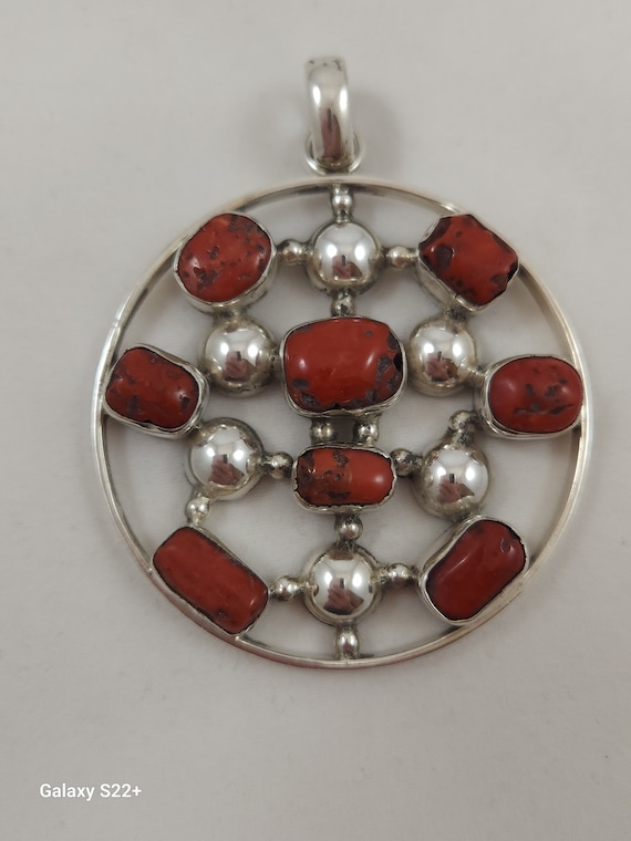 Very Large Round Sterling Silver and Red Jasper F… - image 1