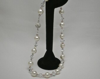 Bridal Creamy Pearl, Pink Crystal Necklace