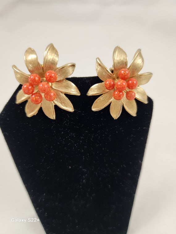 Kramer Red Coral and Gold Flower Clip Earrings, V… - image 4