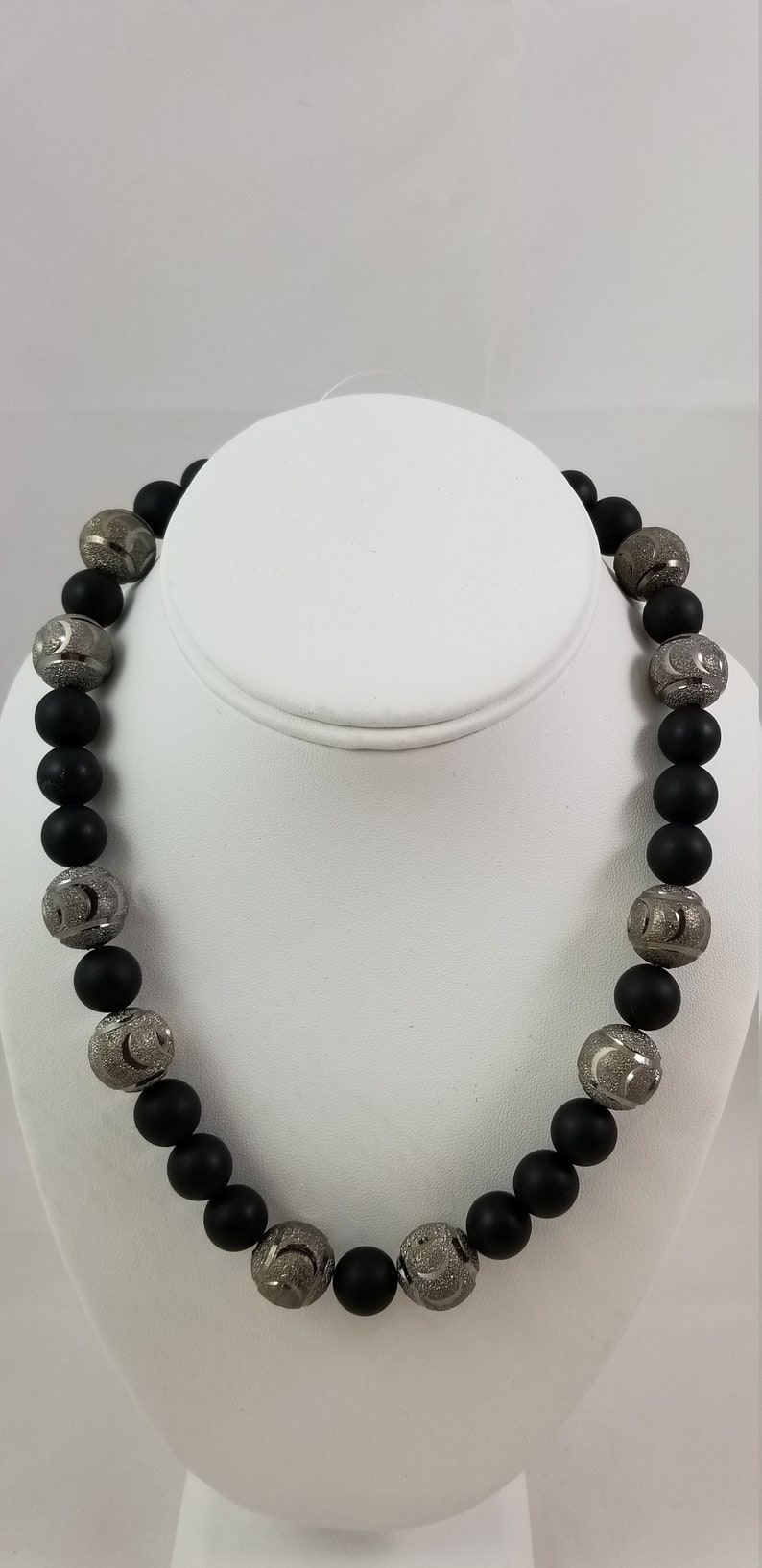 Black Matte Onyx with Carved buy Gun Metal Bling Bead Necklace