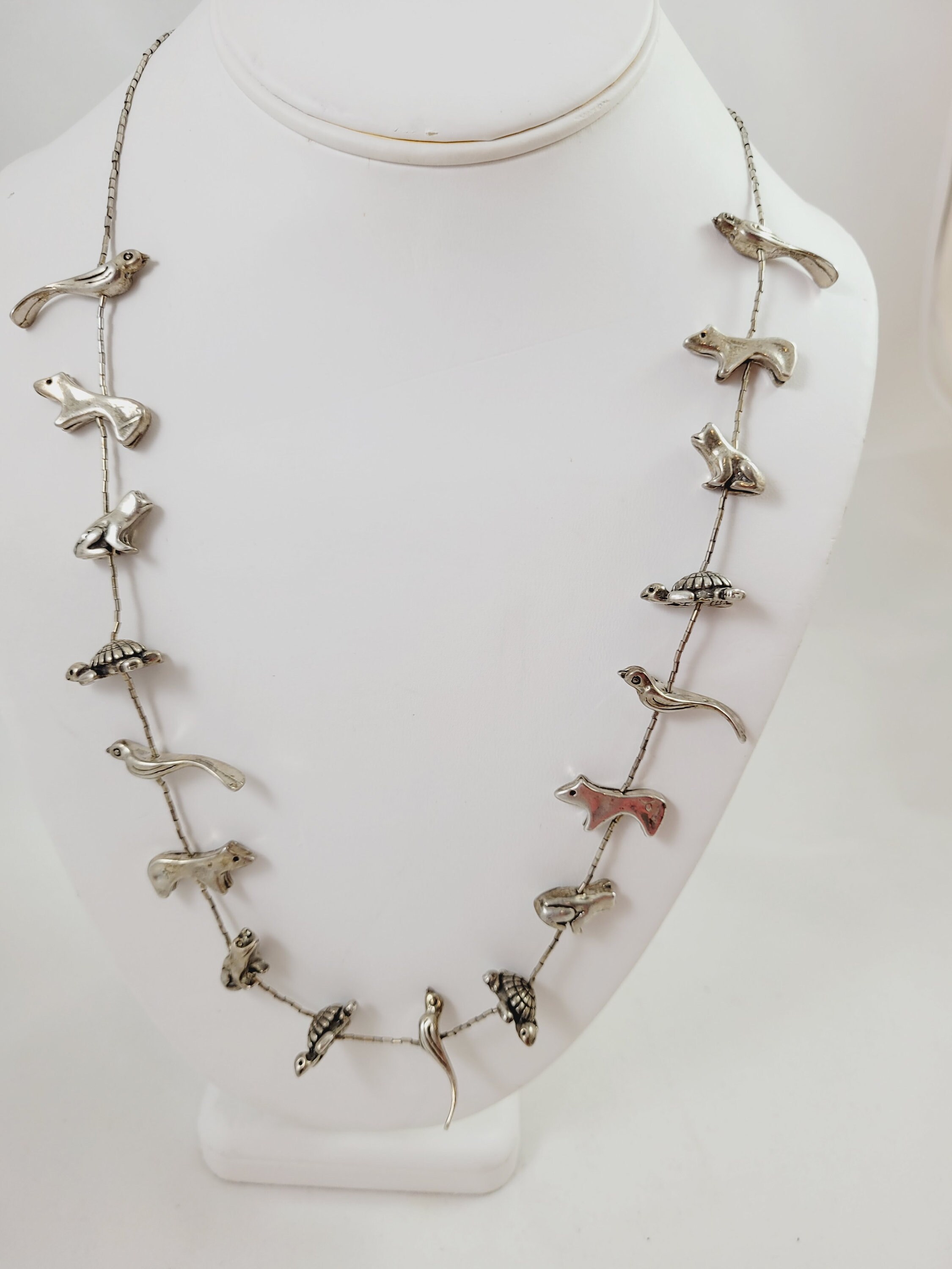 Vintage Zuni Fetish Sterling Necklace, Animals of Air, Land and Vintage Zuni Fetish Sterling Necklace, Animals of Air, Land and
