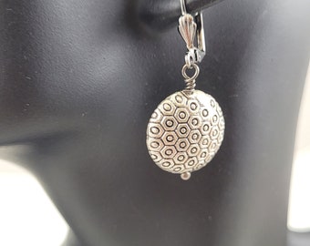 Antiqued Silver Lever Back Earrings with Round Decorated Disk, Everyday, Secure