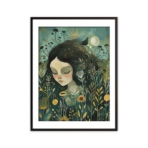 Dreamy Night Garden - Whimsical Floral Girl Portrait under the Moonlight Art for Print Digital Download | WI19