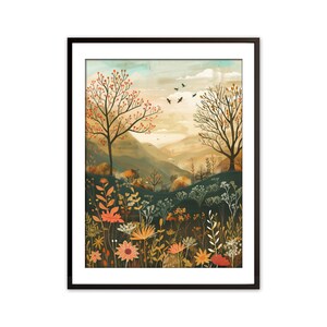 Skurril Herbst Tal bunte Landschaft Kunstdruck, Natur mit Bäumen und Wildblumen, druckbare Wand Dekor digitaler Download | WI6