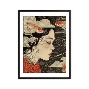 Serene Portrait with Koi Fish - Asian-Inspired Art, Illustration, Portrait, Art for Print Digital Download | JC14