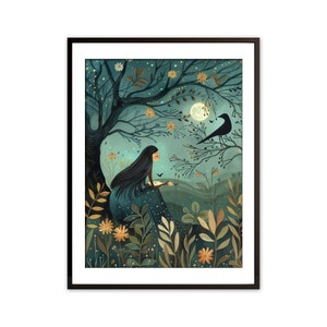 Whimsical Night Garden - Girl with Moon and Flowers Art for Print Digital Download | WI7