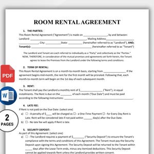 Peut inclure: Document de contrat de location de chambre avec le titre en haut. Le document comprend des sections pour les parties, la durée de la location, le loyer, les frais de retard et le dépôt de garantie. Une icône PDF et une icône Word sont visibles sur le côté gauche.