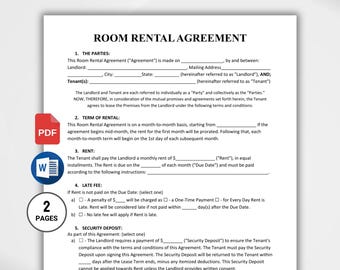 Printable Room Rental Agreement Template. Room Rental Contract. Roommate Room Rental Agreement. Room Rental Form. Lease Agreement PDF & Word