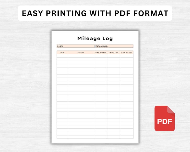 Printable Vehicle Mileage Log, Business Mileage Tracker, Work Trip ...