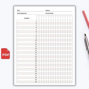 May include: A blank printable checklist with 30 lines for names and a grid for marking attendance. The checklist has sections for the date, subject, period beginning, and period ending.