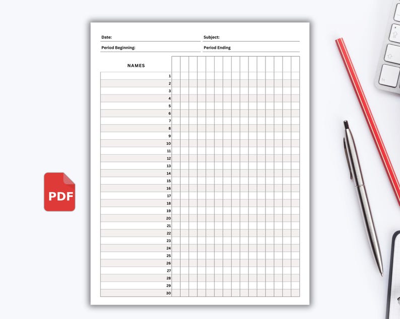 May include: A blank printable checklist with 30 lines for names and a grid for marking attendance. The checklist has sections for the date, subject, period beginning, and period ending.