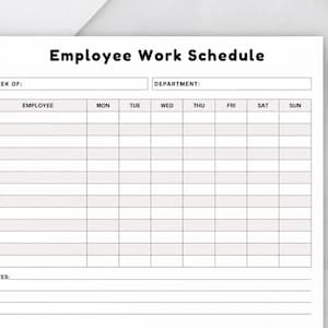 Könnte beinhalten: Eine weiße Papiervorlage mit dem Titel Employee Work Schedule mit Feldern für Woche, Abteilung und Notizen. Das Raster enthält Spalten für Mitarbeiternamen und jeden Wochentag von Montag bis Sonntag. Ein silberner Stift und ein rotes PDF-Symbol.
