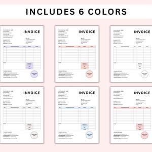 May include: Six printable invoice templates in different colors. Each template includes sections for company information, invoice number, date, item description, quantity, price, and total. The templates also include a space for a logo.