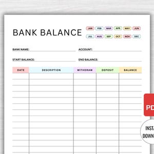 Printable Bank Balance Log PDF | Bank Account Log | Balance Sheet | Savings Account Transactions Tracker | Savings Sheet Instant Download
