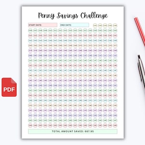 May include: A printable penny savings challenge chart with a total amount saved of £667.95. The chart has a grid of circles with numbers from 0.01 to 3.64. The chart is in pastel colours with a light blue, light pink, and light green colour scheme.