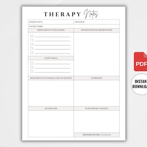 Therapy Session Notes Template Printable, Therapist & Psychologist ...