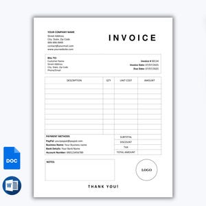 May include: A black and white invoice template with the word "INVOICE" at the top. The template includes sections for billing information, payment methods, and a table for itemized costs. The template also includes a space for a logo.