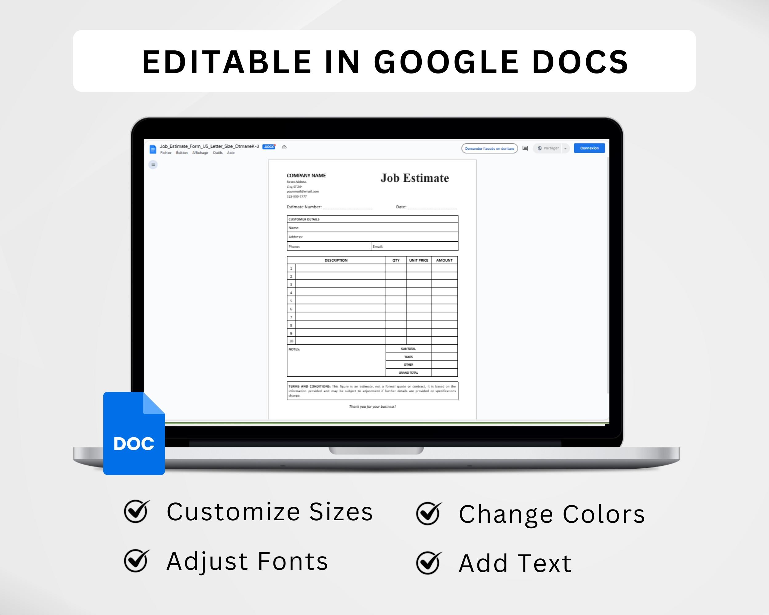 Job Estimate Template Printable | Editable Work Estimate Form ...