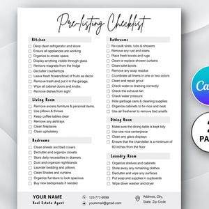 Könnte beinhalten: Eine weiße Checkliste für Immobilienmakler zur Vorbereitung von Objektangeboten mit Abschnitten für Küche, Bad, Wohnzimmer, Esszimmer und Waschküche. Das Dokument enthält ein Canva-Logo, ein 2-Seiten-Abzeichen und Platzhalter für Kontaktdaten.