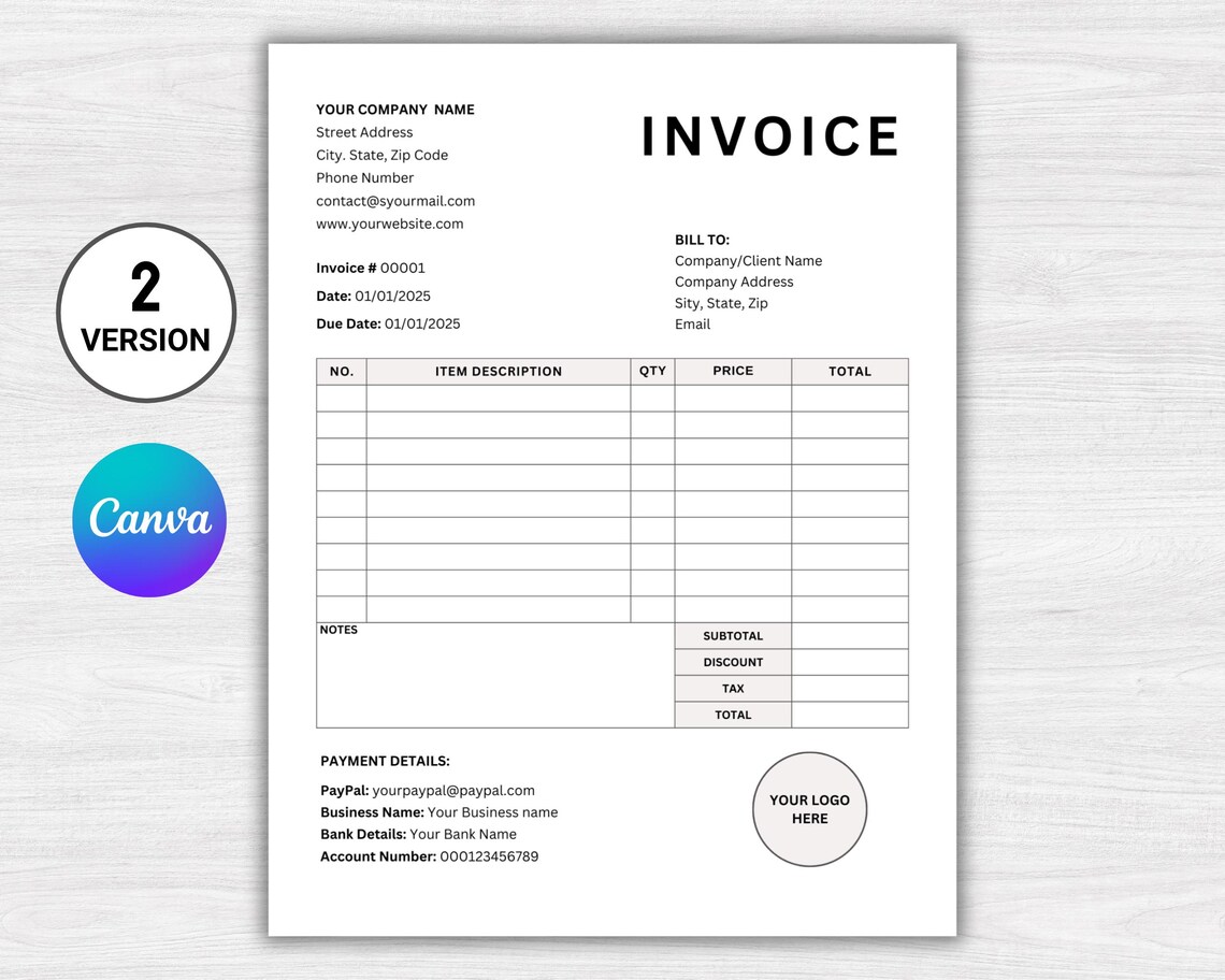 Editable Invoice Template: Printable Canva Invoice (A4 & US Letter) - Etsy