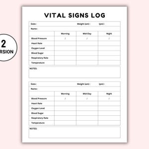 Printable Vital Signs Log. Daily vitals chart. Vital Signs Log for nursing. Vital signs Sheet. Caregiver tracker. Blood Pressure Tracker PDF
